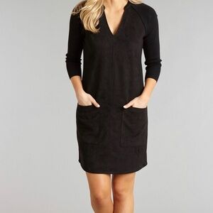 Lauren James River Dress Black Casual 3/4 Sleeve Pocket Suede Knit Sleeve Small